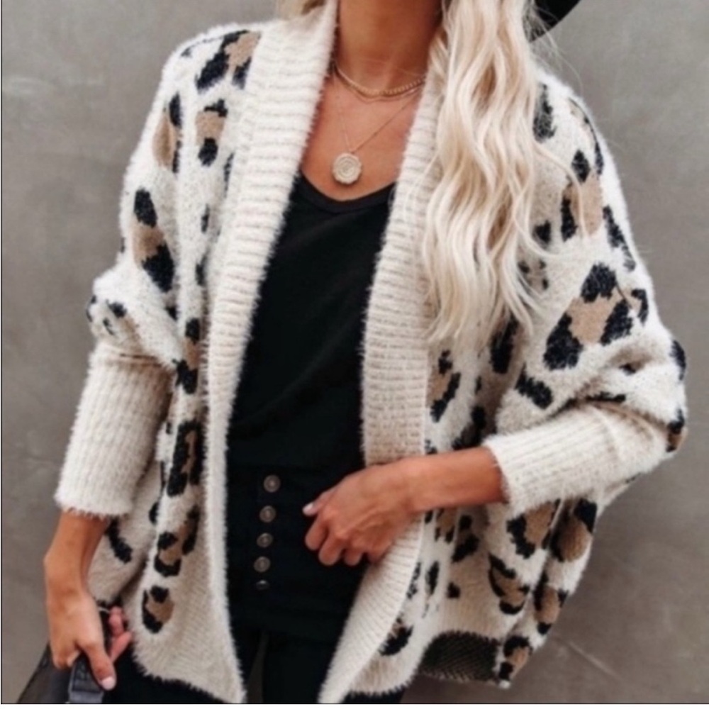 Leopard Print Open Front Cardigan, White/Brown - Picture 4 of 11